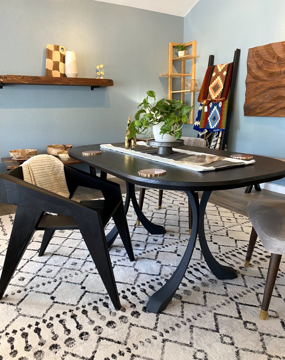 Bennett Table — Ebonized oak · splayed steel legs