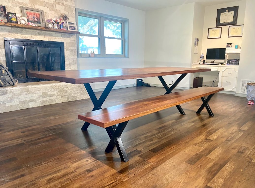 Whitfield Table — Walnut · steel X-base & bench